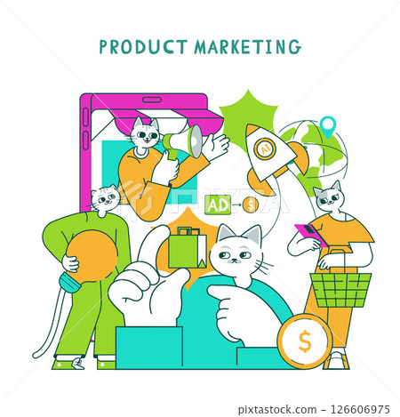 Product marketing concept featuring cats engaged in various advertising activities. It illustrates interactions around marketing strategies, products, and consumer engagement in a playful manner Product marketing concept featuring cats engaged in various advertising activities. It illustrates interactions around marketing strategies, products, and consumer engagement in a playful manner 126606975