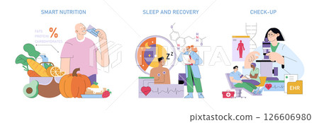 Mens Health Month set. Promoting balanced nutrition, quality sleep and regular health check-ups for improved wellness and disease prevention. Medical exams and recovery support. Vector illustration. Mens Health Month set. Promoting balanced nutrition, quality sleep and regular health check-ups for improved wellness and disease prevention. Medical exams and recovery support. Vector illustration. 126606980