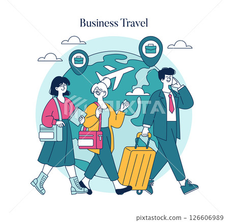 Business travel illustration showing professionals on the move with luggage and briefcases. Depicts travel planning with destinations and connections, emphasizing motivation for business and Business travel illustration showing professionals on the move with luggage and briefcases. Depicts travel planning with destinations and connections, emphasizing motivation for business and 126606989
