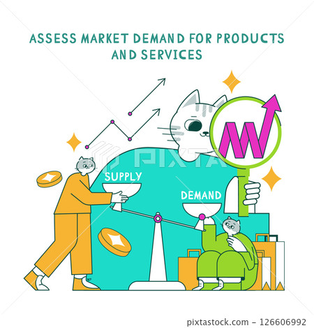 Product marketing analysis with a focus on demand and supply dynamics. The illustration features a cat guiding the evaluation process, emphasizing balanced market insights. Vector illustration. Product marketing analysis with a focus on demand and supply dynamics. The illustration features a cat guiding the evaluation process, emphasizing balanced market insights. Vector illustration. 126606992