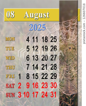 calendar for August with photo. Monday start. Monthly planner calendar for August with photo. Monday start. Monthly planner 126607018