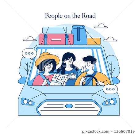 Travelers in a car plan their adventure on the road while sharing laughter and excitement. The illustration captures the essence of friendship, exploration, and the joy of traveling together. Vector 126607019