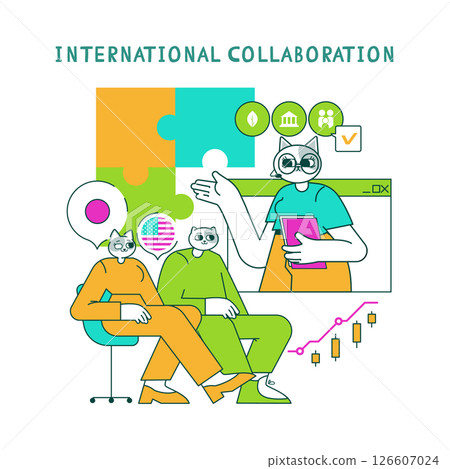 Business cat leading a meeting on international collaboration, showcasing various communication symbols and financial graphs. This illustration represents teamwork and global connections in a Business cat leading a meeting on international collaboration, showcasing various communication symbols and financial graphs. This illustration represents teamwork and global connections in a 126607024