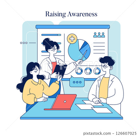 World Health Day illustration highlighting the importance of health awareness among professionals. The scene captures a discussion centered around health statistics and initiatives to improve well World Health Day illustration highlighting the importance of health awareness among professionals. The scene captures a discussion centered around health statistics and initiatives to improve well 126607025