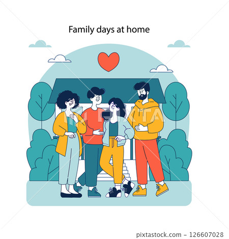 Family bonding time outdoors, illustration showcasing a happy family enjoying a day together in front of their house with heart and trees. 126607028