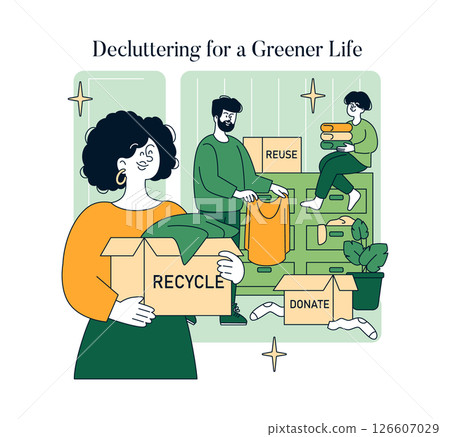 Sustainability at home involves decluttering to promote eco-friendly practices. Individuals engage in recycling, reusing, and donating, emphasizing a greener lifestyle for a healthier planet. 126607029