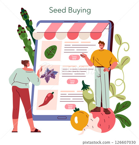 Mini farms and gardening culture thrive with online seed buying. Illustrating a user-friendly interface featuring seed types and vibrant vegetables, this concept encourages green thumb enthusiasts 126607030