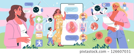 AI Pregnancy Counselor illustration. This artwork portrays the integration of artificial intelligence in pregnancy guidance. It emphasizes support, technology, and valuable advice for expecting 126607031
