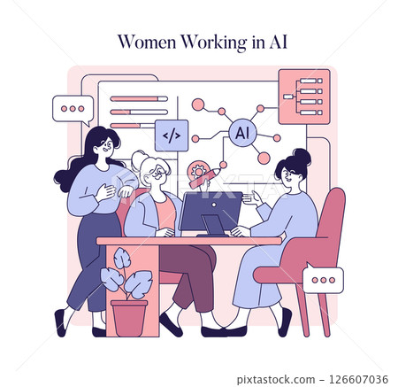 Women collaborating in artificial intelligence showcase innovation and teamwork. They engage in discussions, sharing ideas and technologies, representing empowerment in tech careers. Vector Women collaborating in artificial intelligence showcase innovation and teamwork. They engage in discussions, sharing ideas and technologies, representing empowerment in tech careers. Vector 126607036