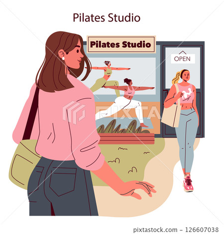 Pilates studio entrance inviting fitness enthusiasts. A woman approaches the studio, observing a joyful class in progress. This illustration captures the vibrant community spirit of Pilates practice. Pilates studio entrance inviting fitness enthusiasts. A woman approaches the studio, observing a joyful class in progress. This illustration captures the vibrant community spirit of Pilates practice. 126607038