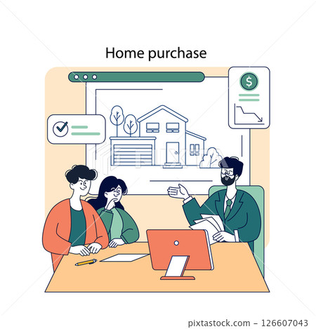 Home purchase concept. Couple consults with agent about buying a new house, reviewing documents and house details online. Home purchase concept. Couple consults with agent about buying a new house, reviewing documents and house details online. 126607043