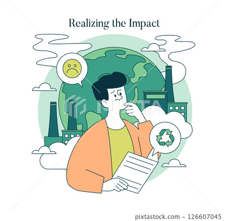 Earth Day awareness illustration. A person reflects on environmental issues, contemplating the impact of pollution and the importance of recycling. Promotes sustainability and ecological 126607045