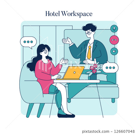 Business travel meeting at a hotel workspace. A professional conversation takes place between a man and woman with a laptop and floral arrangement. Comfort in modern environments. Vector illustration. Business travel meeting at a hotel workspace. A professional conversation takes place between a man and woman with a laptop and floral arrangement. Comfort in modern environments. Vector illustration. 126607048