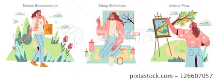 Digital Detox set. Women engaging in nature walks, reflective meditation, and creative painting to disconnect digitally and reconnect mindfully. 126607057