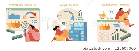 Egg Farm illustration. The process of maximizing egg production through efficient collection methods and strategies to boost profit margins in poultry farming. Focus on innovation and growth. Vector 126607060