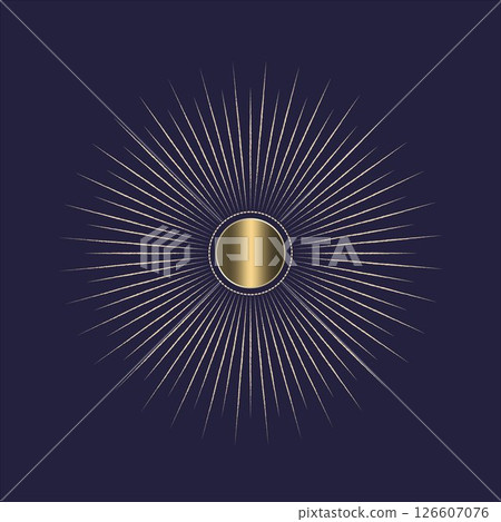 An icon with sun rays on a dark blue background. A sunbeam with lines. Retro logo in the form of a circle with radial rays. An icon with sun rays on a dark blue background. A sunbeam with lines. Retro logo in the form of a circle with radial rays. 126607076