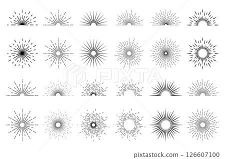 A set of solar bursts and sunsets on a white background. Sunset and sun rays in vintage style. A set of solar bursts and sunsets on a white background. Sunset and sun rays in vintage style. 126607100