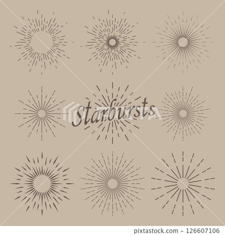A set of three solar bursts. Icons of the black sun on a beige background. A set of three solar bursts. Icons of the black sun on a beige background. 126607106