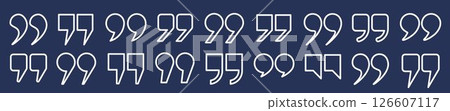 A set of quotation mark outlines. A collection of white characters, quotation marks of different shapes on a blue background. 126607117
