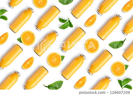 Pattern from bottles of orange juice and orange slices 126607209