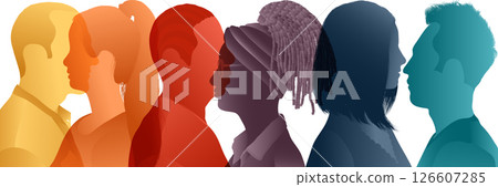 Silhouette of diverse collaborators seen from the side. A harmonious community of co-workers and colleagues in negotiation agreement or pact. Isolated Silhouette of diverse collaborators seen from the side. A harmonious community of co-workers and colleagues in negotiation agreement or pact. Isolated 126607285