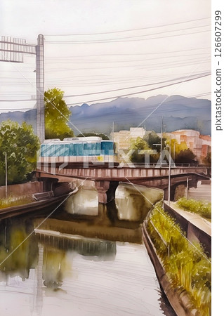 Illustrated train and railroad bridge 126607299