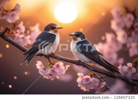 Springtime charm with cherry blossoms and birds creating a beautiful spring feeling at sunset 126607320