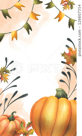 Orange autumn pumpkins with maple leaves, flags garland and twigs. Watercolor illustration, hand drawn. Vertical frame, template for text rectangular isolated from background Thanksgiving, Harvest 126607354