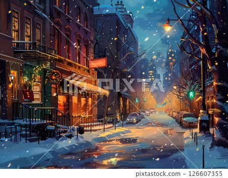 A snowy street scene at night with glowing street lamps and a cozy café. Snowflakes fall gently, creating a serene winter atmosphere in an urban setting. 126607355