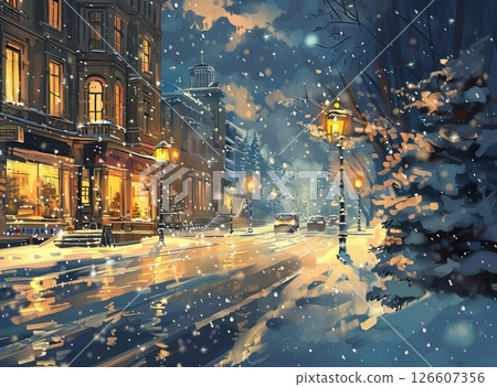A snowy street scene at night with softly glowing street lamps. Snowflakes fall gently on a quiet road lined with trees and buildings. A warm ambiance is created by the lights. 126607356