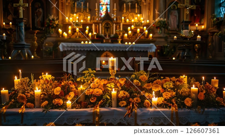 A decorated altar in a church with numerous candles and vibrant marigold flowers. The warm glow of the candles creates a serene atmosphere, ideal for reflection. 126607361