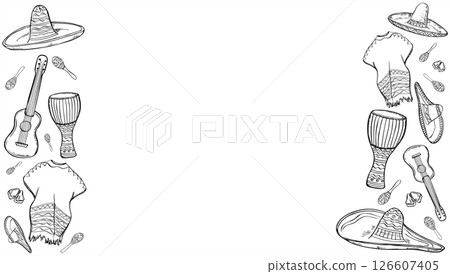 Latin and South American national cloth and musical instruments monochrome vector border. Poncho, sombrero, maracas, djembe, and guitar illustration for festival posters, event invitations, travel. Latin and South American national cloth and musical instruments monochrome vector border. Poncho, sombrero, maracas, djembe, and guitar illustration for festival posters, event invitations, travel. 126607405