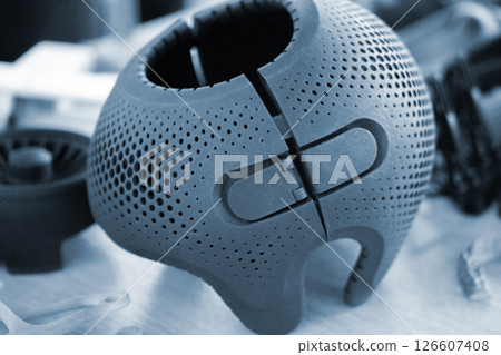 Helmet for the treatment of head shape deformation printed on a 3D printer from plastic powder using MJF 3D printing technology. New modern additive 3D printing technology 126607408