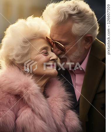 Elderly couple in love wearing fashionable outfits. Valentine's Day concept. Generative Ai 126607509