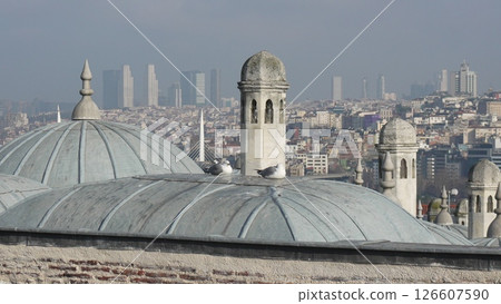 Istanbul Domes Skyline Cityscape: Panoramic view showcasing historical domes against modern Istanbul skyline, depicting architectural contrast. 126607590