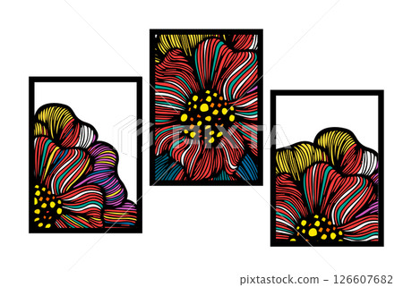 Set of abstract flower posters. Trendy botanical wall arts with floral design. Graphic colored flowers wall paintings. Modern naive groovy funky interior decorations, paintings. Vector 126607682