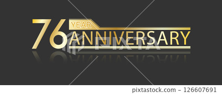 Golden congratulatory inscription 76th anniversary with reflection. Decorative element for postcards, banners, posters, greetings, decoration and creative design. 126607691