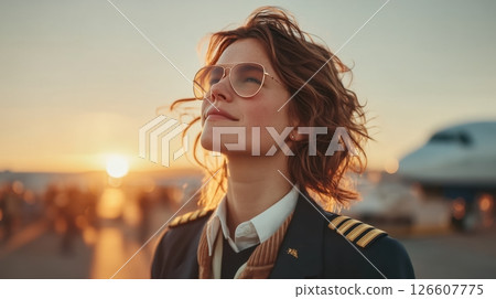 A confident female pilot in a modern crisp airline uniform stands on a sunlit airfield at golden hour aviator sunglasses reflecting the sky with a sleek jet behind her soft dramatic shadows vibrant A confident female pilot in a modern crisp airline uniform stands on a sunlit airfield at golden hour aviator sunglasses reflecting the sky with a sleek jet behind her soft dramatic shadows vibrant 126607775