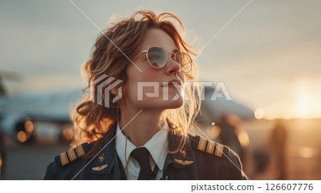 A confident female pilot in a modern crisp airline uniform stands on a sunlit airfield at golden hour aviator sunglasses reflecting the sky with a sleek jet behind her soft dramatic shadows vibrant A confident female pilot in a modern crisp airline uniform stands on a sunlit airfield at golden hour aviator sunglasses reflecting the sky with a sleek jet behind her soft dramatic shadows vibrant 126607776