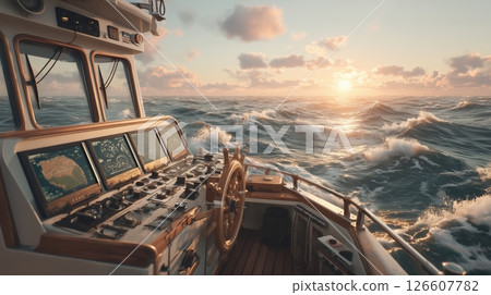 A worker on a modern vessel, ocean waves glittering under sunrise light, advanced equipment, tranquil atmosphere, cinematic lighting, intricate details, dramatic sky, realistic reflections. 126607782