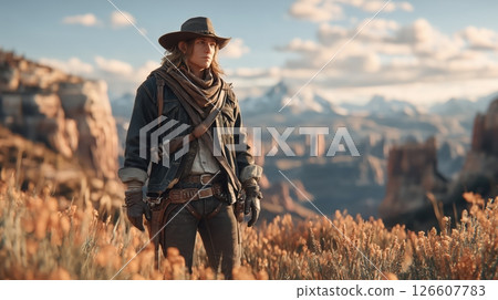 A rugged cowboy outlaw in sunlit desert canyon at golden hour, detailed leather attire, revolver holster, dust particles, wildflowers, red rock formations, cinematic, immersive atmosphere. 126607783