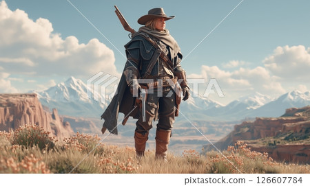 A rugged cowboy outlaw in sunlit desert canyon at golden hour, detailed leather attire, revolver holster, dust particles, wildflowers, red rock formations, cinematic, immersive atmosphere. A rugged cowboy outlaw in sunlit desert canyon at golden hour, detailed leather attire, revolver holster, dust particles, wildflowers, red rock formations, cinematic, immersive atmosphere. 126607784