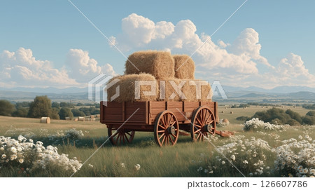A rustic hay cart with golden hay bales in a countryside meadow, surrounded by wildflowers and green grass, under blue sky, warm golden hour sunlight, tranquil rural charm, peaceful atmosphere. A rustic hay cart with golden hay bales in a countryside meadow, surrounded by wildflowers and green grass, under blue sky, warm golden hour sunlight, tranquil rural charm, peaceful atmosphere. 126607786