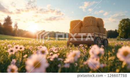 A rustic hay cart with golden hay bales in a countryside meadow, surrounded by wildflowers and green grass, under blue sky, warm golden hour sunlight, tranquil rural charm, peaceful atmosphere. A rustic hay cart with golden hay bales in a countryside meadow, surrounded by wildflowers and green grass, under blue sky, warm golden hour sunlight, tranquil rural charm, peaceful atmosphere. 126607788