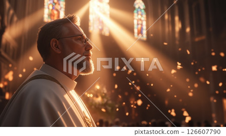 A photorealistic portrait of a priest wearing a Roman collar in a sunlit cathedral with stained glass windows casting colorful light, intricate stone architecture, soft golden rays, tranquil and 126607790