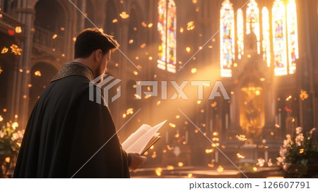 A photorealistic portrait of a priest wearing a Roman collar in a sunlit cathedral with stained glass windows casting colorful light, intricate stone architecture, soft golden rays, tranquil and 126607791