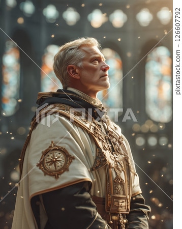 A photorealistic portrait of a priest wearing a Roman collar in a sunlit cathedral with stained glass windows casting colorful light, intricate stone architecture, soft golden rays, tranquil and 126607792