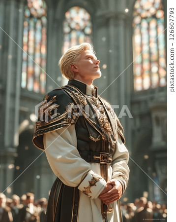 A photorealistic portrait of a priest wearing a Roman collar in a sunlit cathedral with stained glass windows casting colorful light, intricate stone architecture, soft golden rays, tranquil and A photorealistic portrait of a priest wearing a Roman collar in a sunlit cathedral with stained glass windows casting colorful light, intricate stone architecture, soft golden rays, tranquil and 126607793
