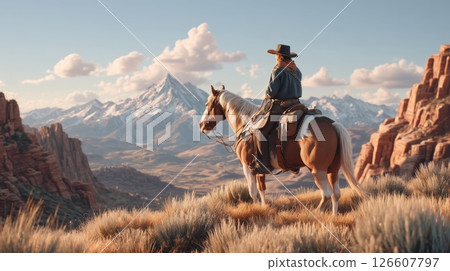 A rugged cowboy riding a horse through a sunlit desert with red rock formations, wild sagebrush, tumbleweeds, distant mountains, warm golden hour light casting cinematic shadows, dust swirling, A rugged cowboy riding a horse through a sunlit desert with red rock formations, wild sagebrush, tumbleweeds, distant mountains, warm golden hour light casting cinematic shadows, dust swirling, 126607797
