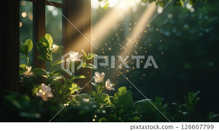 Ethereal light streams through a cracked vintage window into a lush indoor garden, illuminating floating dust particles, vibrant green plants, delicate flowers, soft golden beams, moody haze, Ethereal light streams through a cracked vintage window into a lush indoor garden, illuminating floating dust particles, vibrant green plants, delicate flowers, soft golden beams, moody haze, 126607799